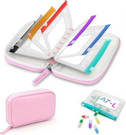 Waterproof Pill Organizer Pouch Set –7 Removable, Colour-Coded Bags, Easy To Label & Refill