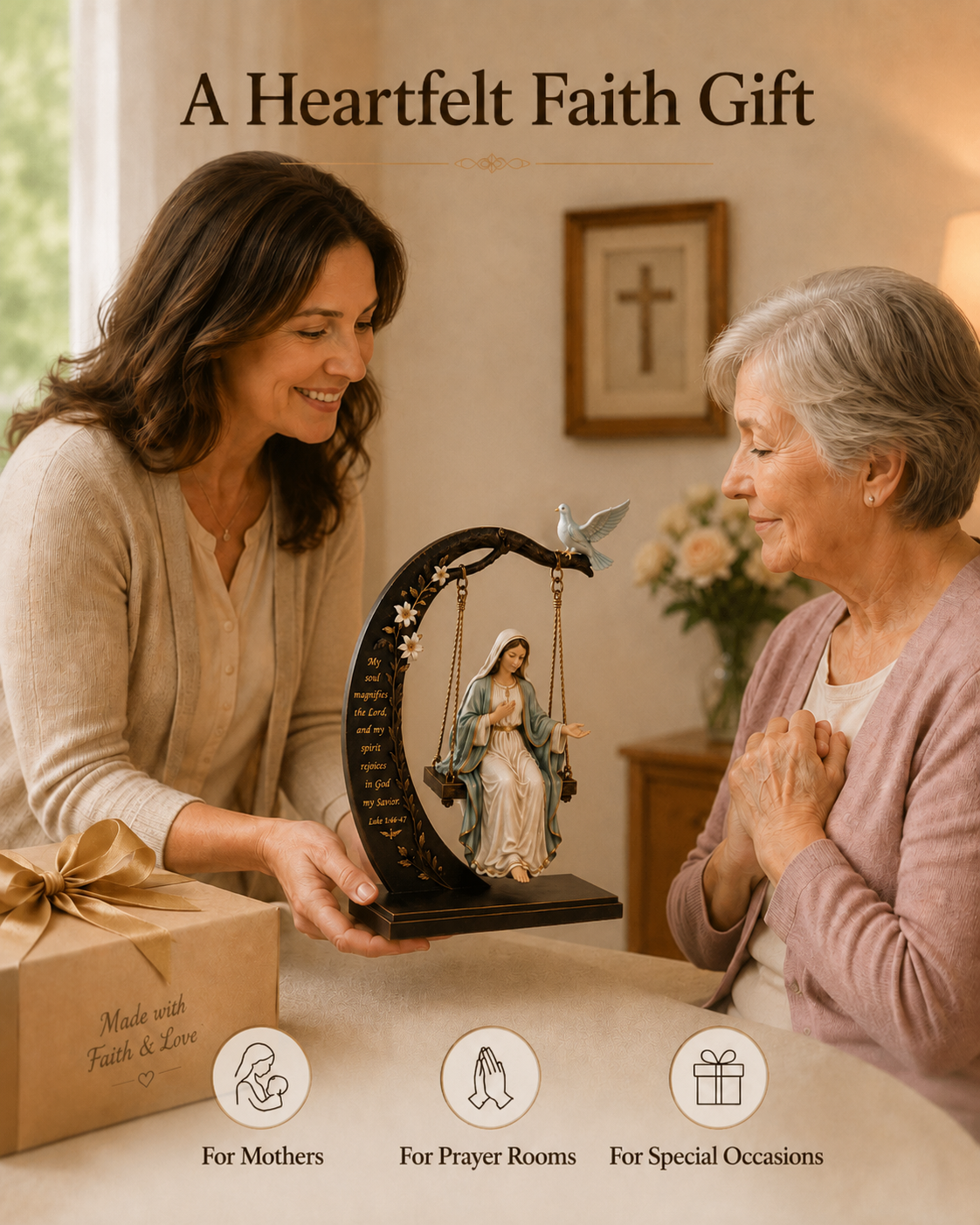 🔥 Buy 2 Get 1 Free ✝️ Blessed Mary Cradle Swing Sculpture – Luke 1:46-47 Christian Faith Table Decor