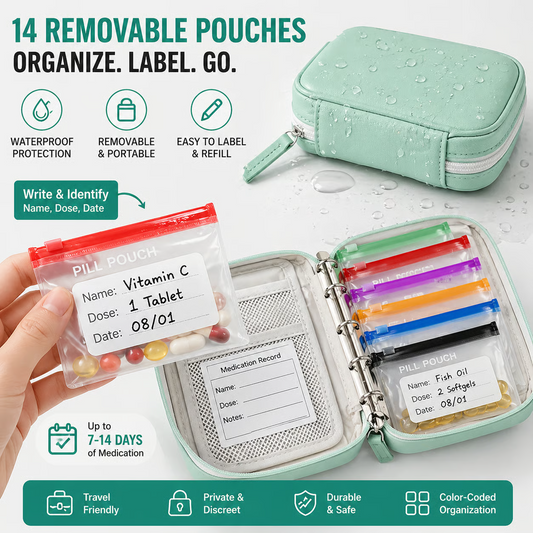 Waterproof Pill Organizer Pouch Set –7 Removable, Colour-Coded Bags, Easy To Label & Refill