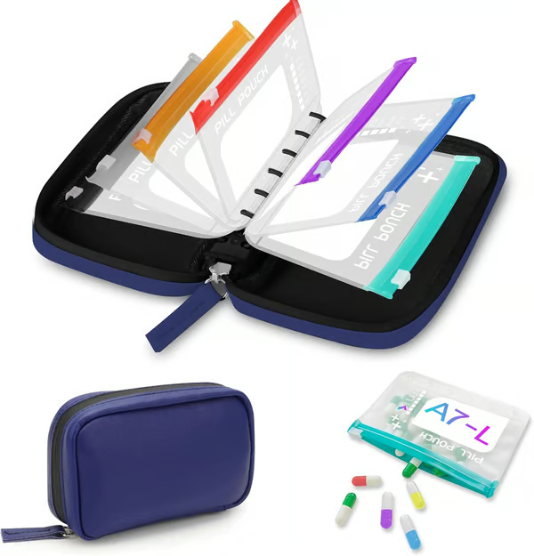 Waterproof Pill Organizer Pouch Set –7 Removable, Colour-Coded Bags, Easy To Label & Refill