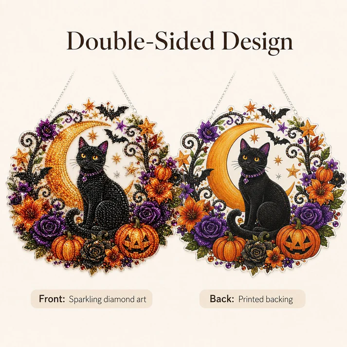 🔥Halloween Early Bird Sale🎃Halloween Black Cat Moon Diamond Art Hanging Ornament Kit
