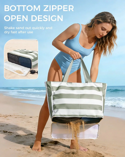 Large Mesh Beach Bag With40oz Tumbler Pocket AndZipper Closure