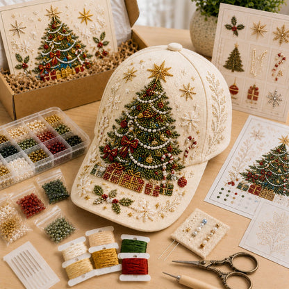 🎄🧢 Premium Christmas Beaded Hat DIY Kit | Luxury Flocked Canvas with Scratch-Resistant Non-Fading Pearl Beads DIY Handmade Holiday Cap Decor 🎅🪡✨