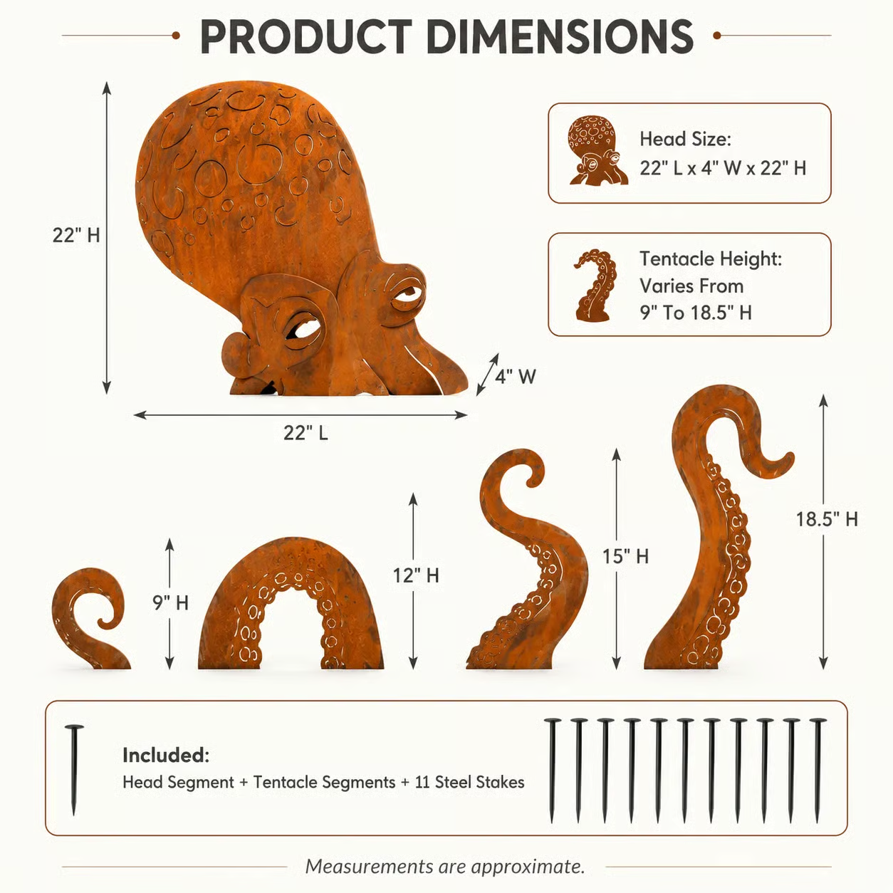 Rust Patina Giant Squid Garden Sculpture