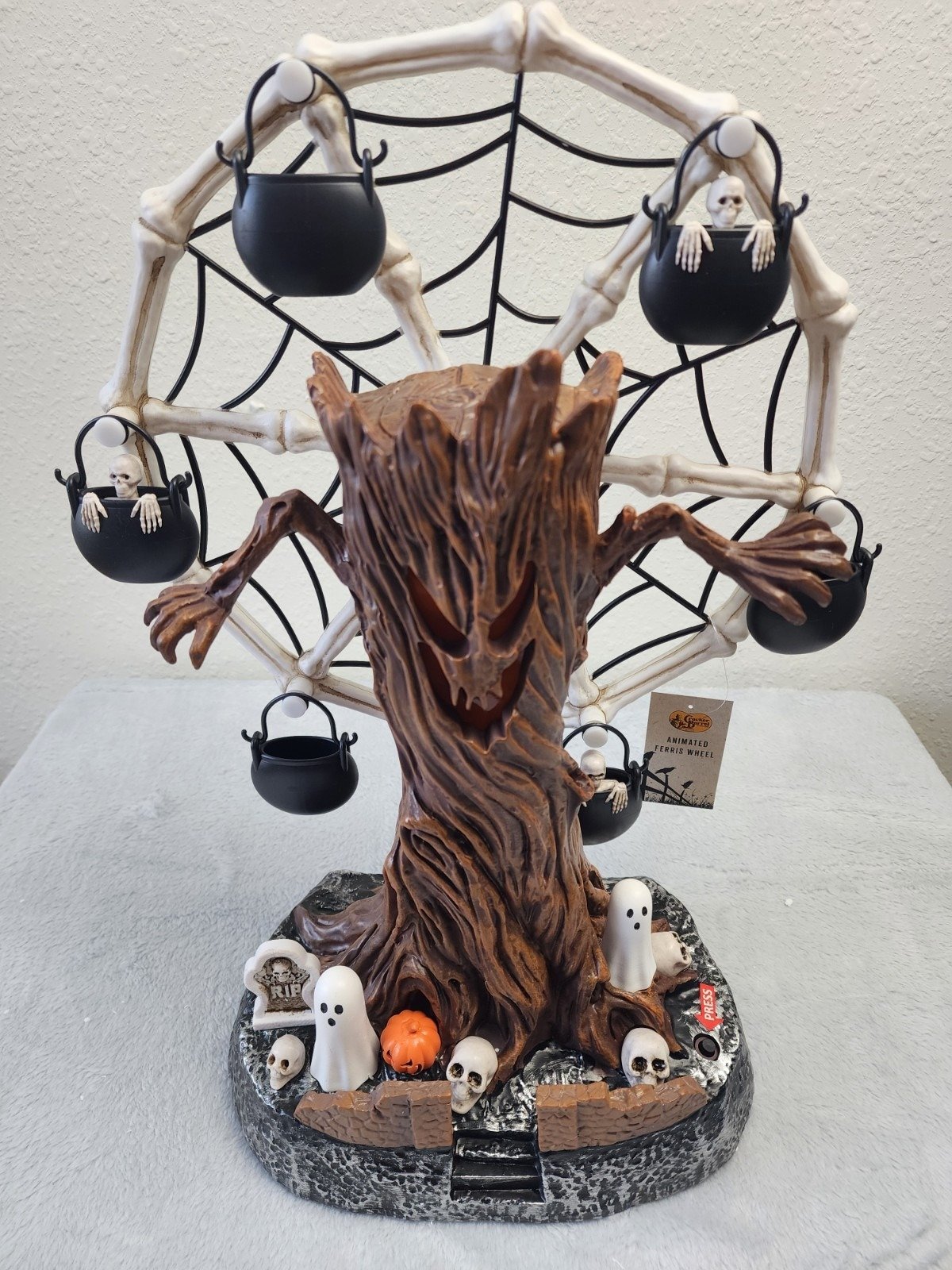 🔥HOT SALE🔥Rotating Halloween Ghost Tree Ferris Wheel Table Decor, LED Light Up Skeleton Spider Web Spooky Figurine with Sound