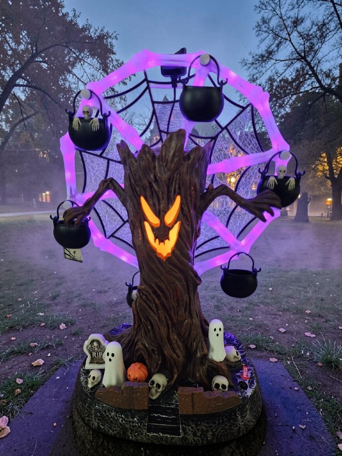 🔥HOT SALE🔥Rotating Halloween Ghost Tree Ferris Wheel Table Decor, LED Light Up Skeleton Spider Web Spooky Figurine with Sound