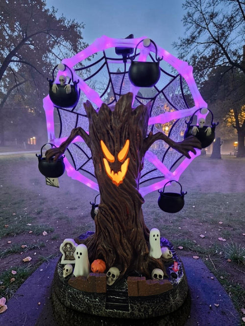 🔥HOT SALE🔥Rotating Halloween Ghost Tree Ferris Wheel Table Decor, LED Light Up Skeleton Spider Web Spooky Figurine with Sound