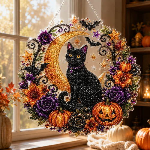 🔥Halloween Early Bird Sale🎃Halloween Black Cat Moon Diamond Art Hanging Ornament Kit