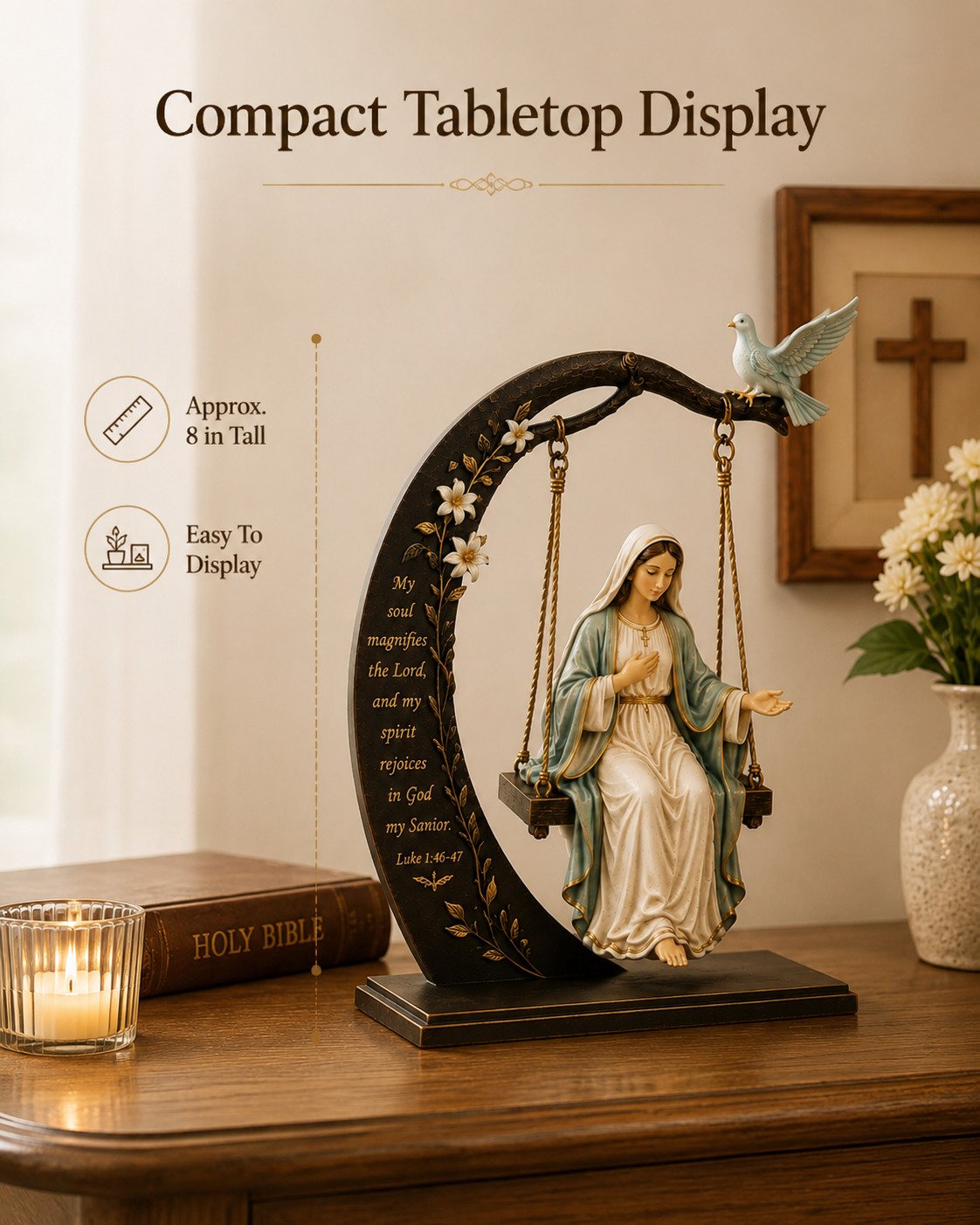 🔥 Buy 2 Get 1 Free ✝️ Blessed Mary Cradle Swing Sculpture – Luke 1:46-47 Christian Faith Table Decor