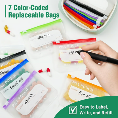 Waterproof Pill Organizer Pouch Set –7 Removable, Colour-Coded Bags, Easy To Label & Refill