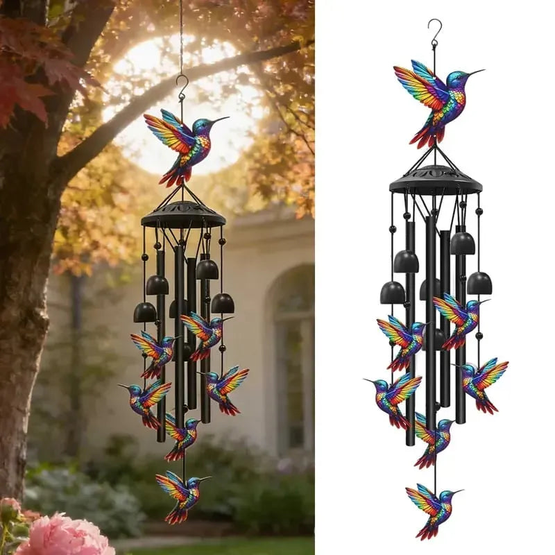 Vintage Colorful Hummingbird Wind Chime with Metal Tubes and Bells