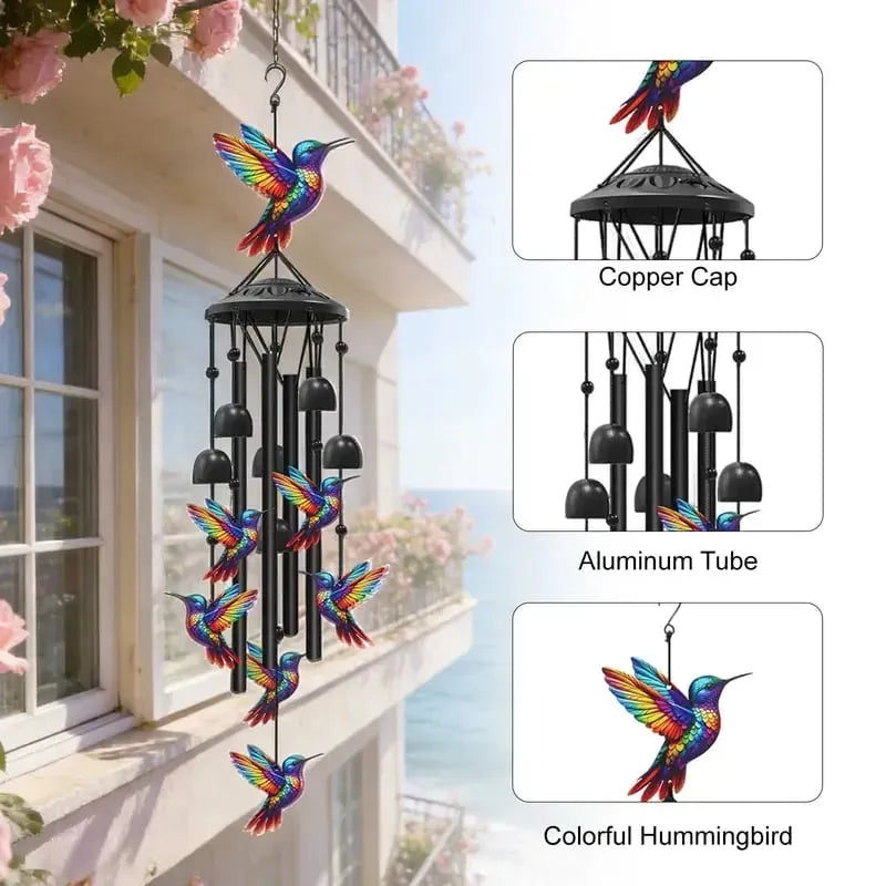 Vintage Colorful Hummingbird Wind Chime with Metal Tubes and Bells