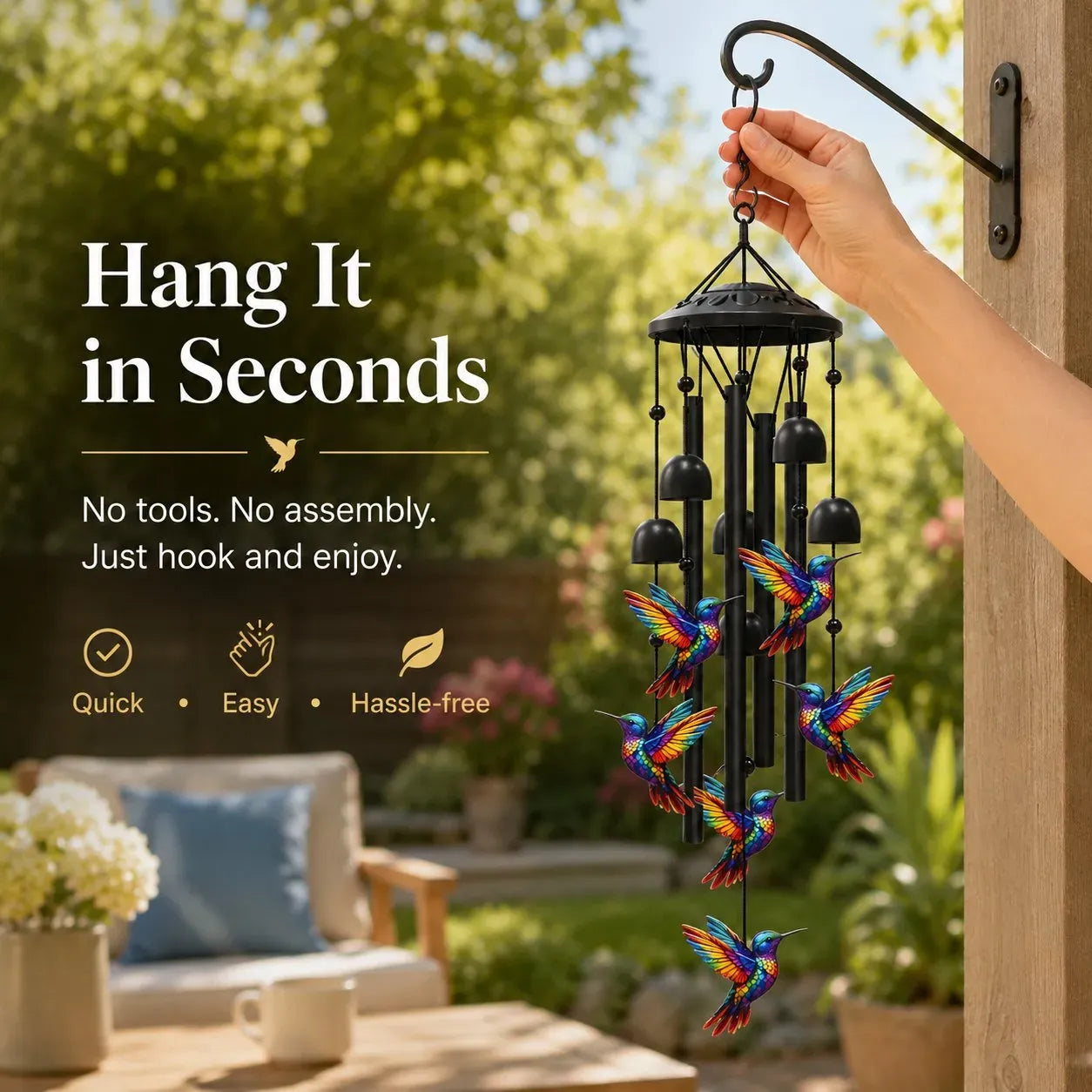 Vintage Colorful Hummingbird Wind Chime with Metal Tubes and Bells