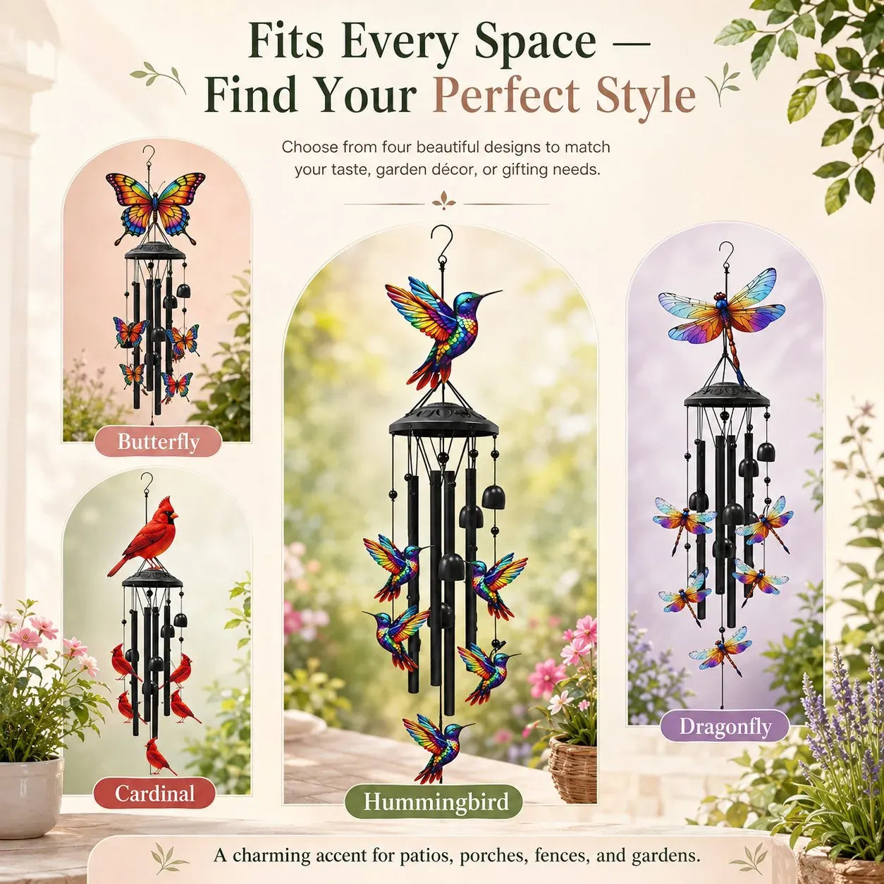 Vintage Colorful Hummingbird Wind Chime with Metal Tubes and Bells