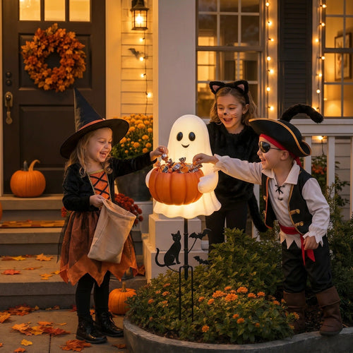Solar Ghost Pumpkin Candy Bucket Stake Halloween Garden Decor