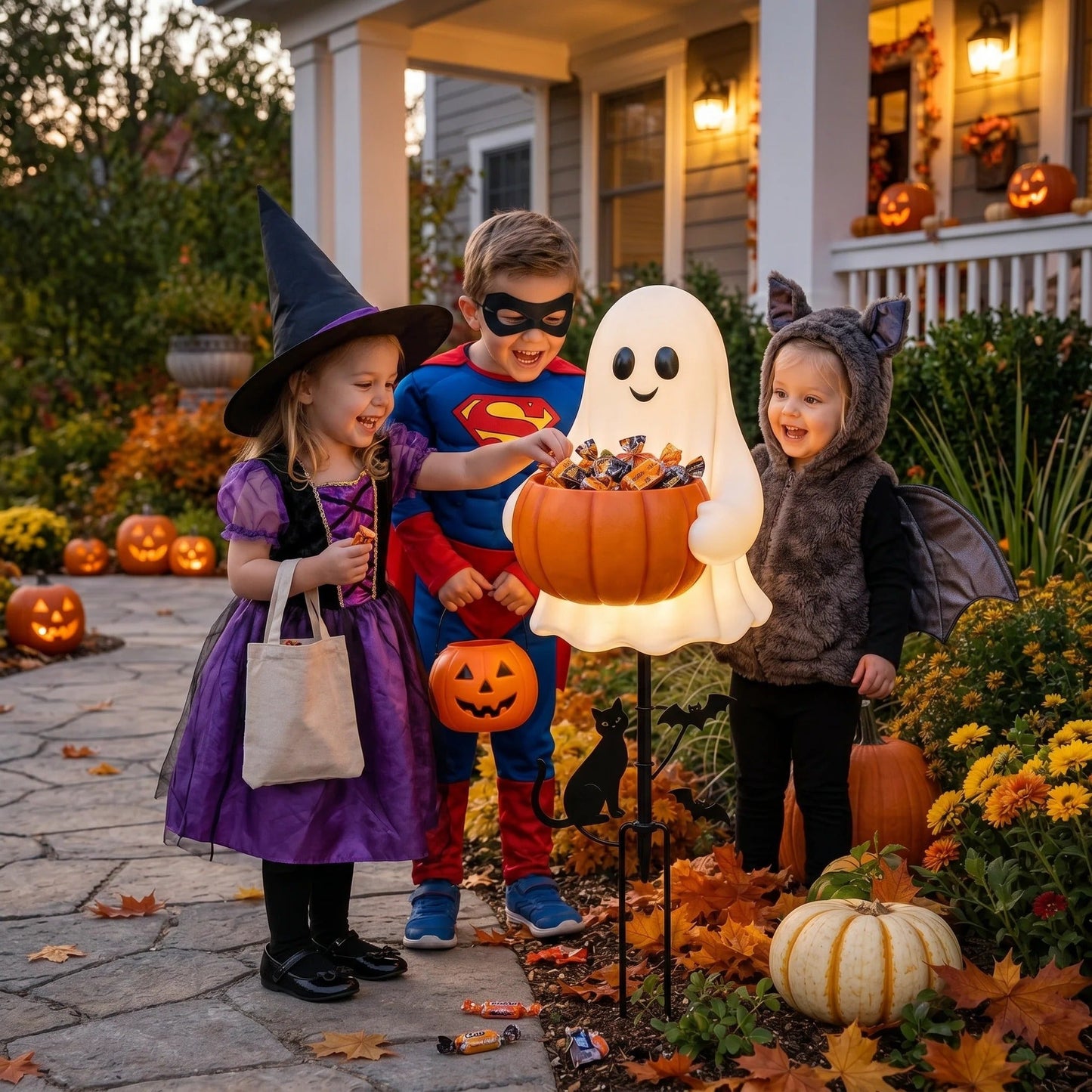 Solar Ghost Pumpkin Candy Bucket Stake Halloween Garden Decor